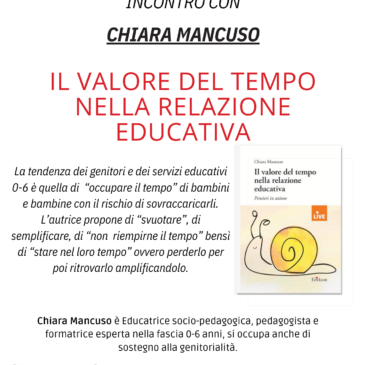 Sabato 1 MARZO ore 17,00: IL VALORE DEL TEMPO NELLA RELAZIONE EDUCATIVA – INCONTRO CON CHIARA MANCUSO pedagogista